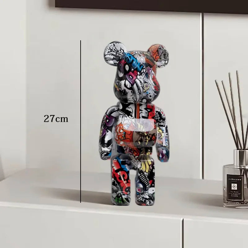 27cm Graffiti Bear Statue Paint Block Bear Decor Resin Desktop Ornaments Home Decoration Living Room Bear Floor