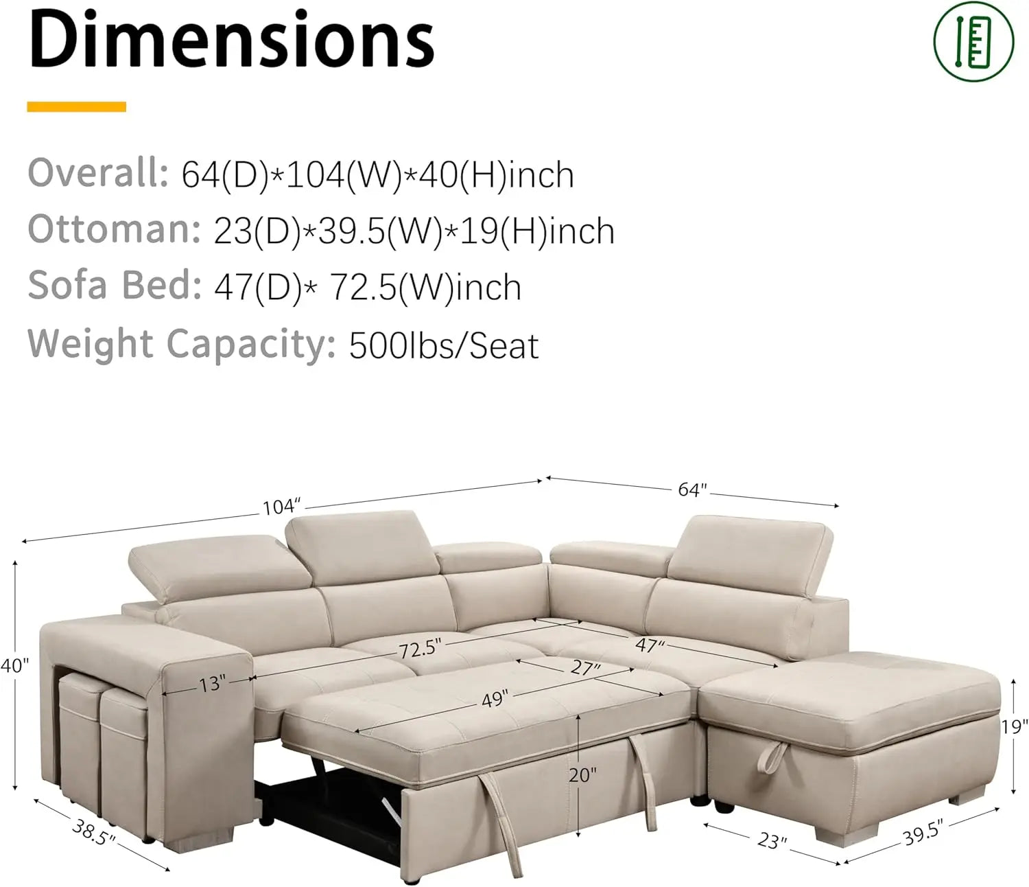 104’’ Microfiber L Shaped Sectional Sleeper Sofa Couch with Pull Out Bed and Storage Ottoman Convertible Couches