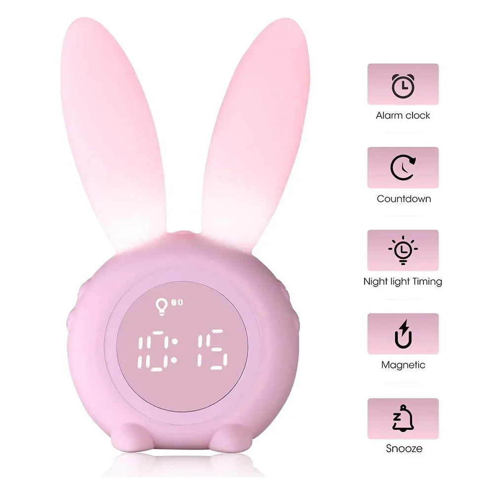 Bunny Ear Digital Alarm Clock LED Electronic LED Display Sound Control Cute Rabbit Night Lamp Snooze Desk Clock Home