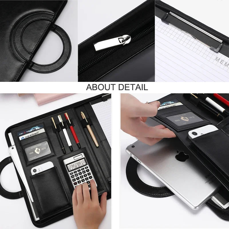 Portable Business Trip A4 Folder Organizer Leather Portfolio for Document File Tablet Holder Briefcase for Man Office