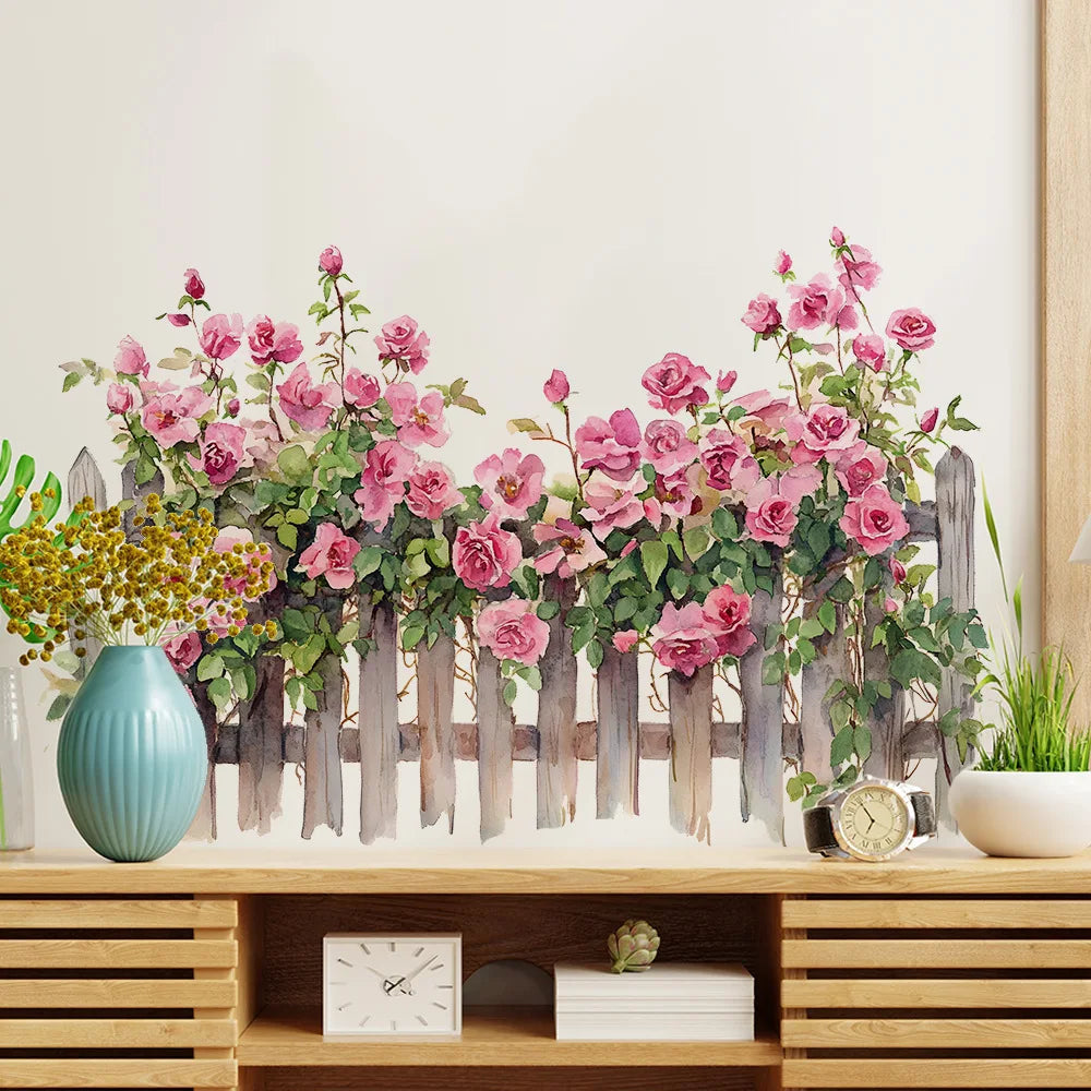 Pink Rose Fence Flowers Wall Art Decor Living Room Self Adhesive Wall Stickers for Bedroom Office Decoration - 40 x 60cm