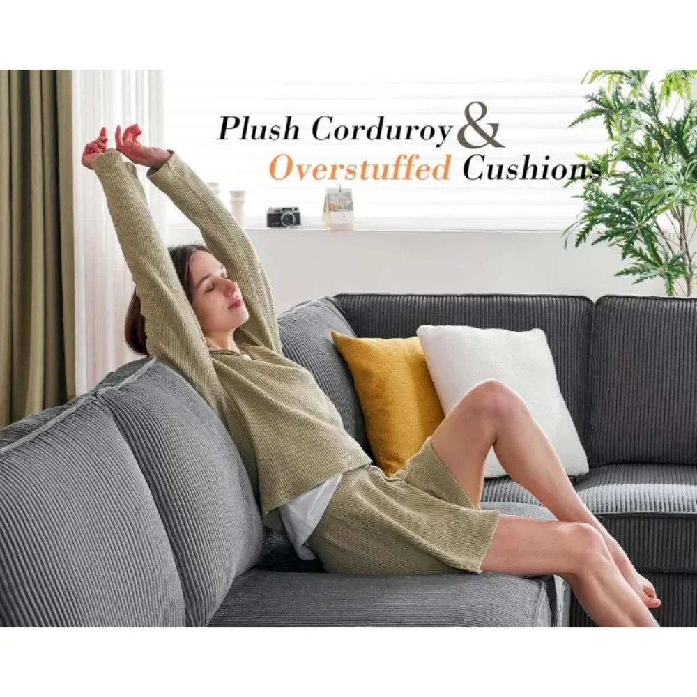 112 Inch Sectional,Oversized Storage Chaise,U Shaped Sofa with USB Ports,Corduroy Couch—Grey
