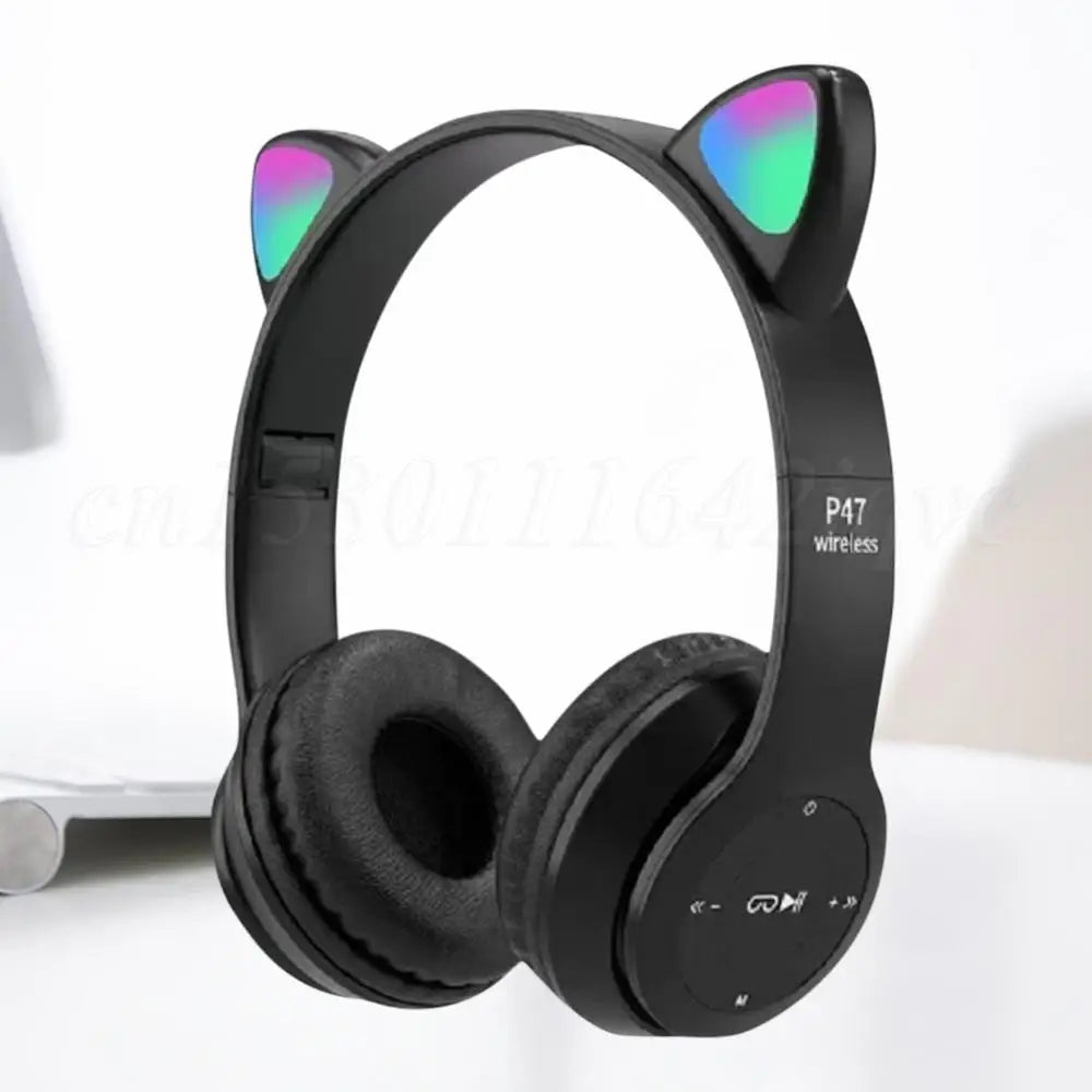 Wireless Headphones Cat Ear Gaming Headset Glow Light Bluetooth-Compatible Helmets Cute Over-Ear Headsets for Kids