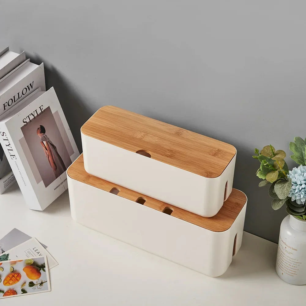 Bamboo Cover Cable Management Box Wire Junction Board Storage Box Hide Wires Power Strips Desk Cable Computer Organizer