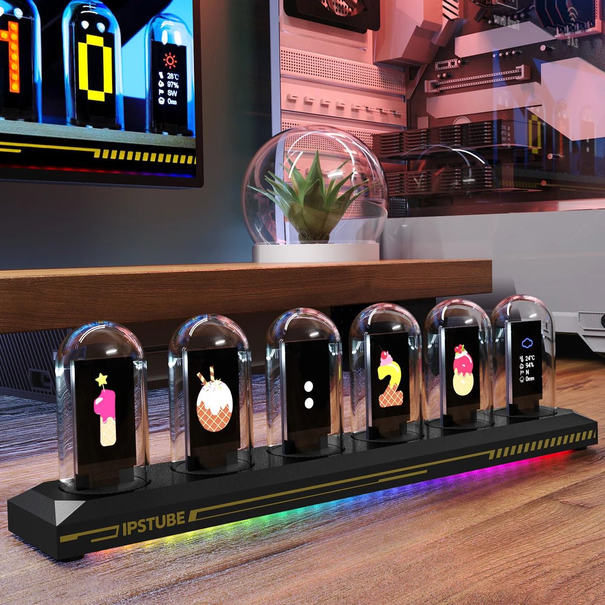 USB Powered RGB Nixie Tube Clock with IPS Color Screen Corded Electric Aluminum Oval Alarm Clock with Charging Port