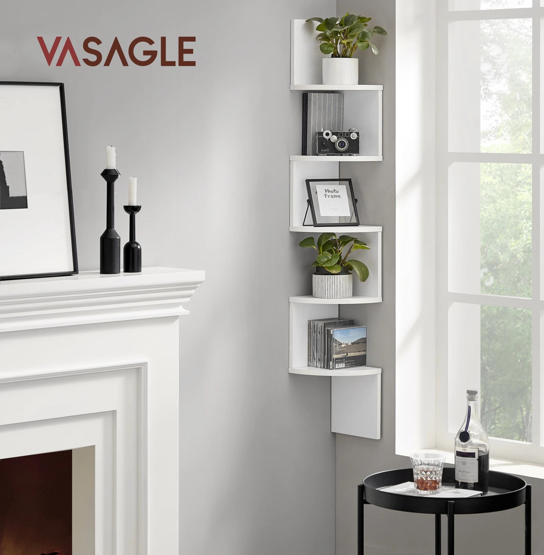 VASAGLE Corner Shelf Wall Mount 5-Tier Floating Corner Bookshelf Plant Shelf for Bedroom Living Room Bathroom Home
