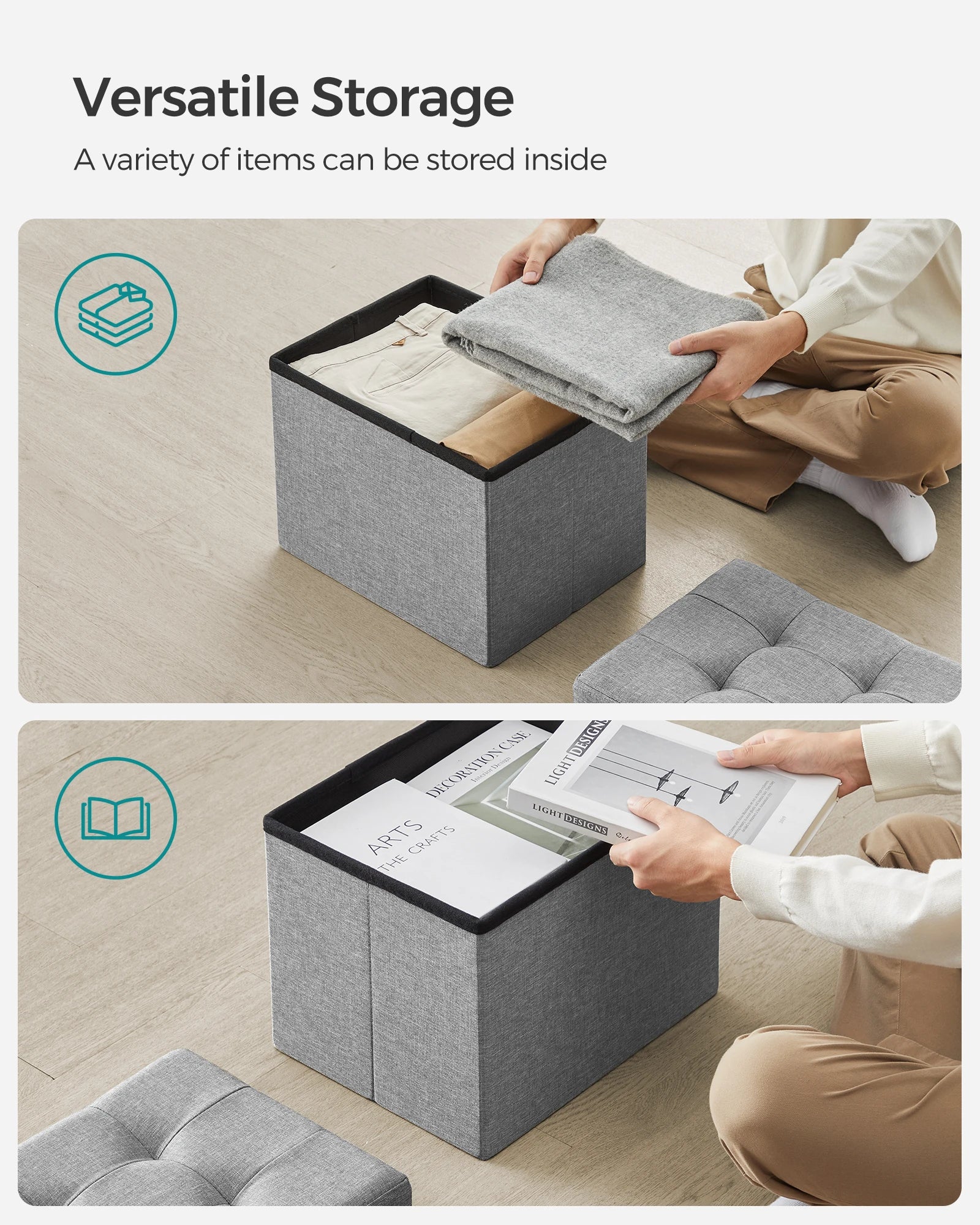 SONGMICS Small Folding Storage Ottoman Foot Rest Stool 12.2 x 16.1 x 12.2 Inches 286 lb Load Capacity for Living Room