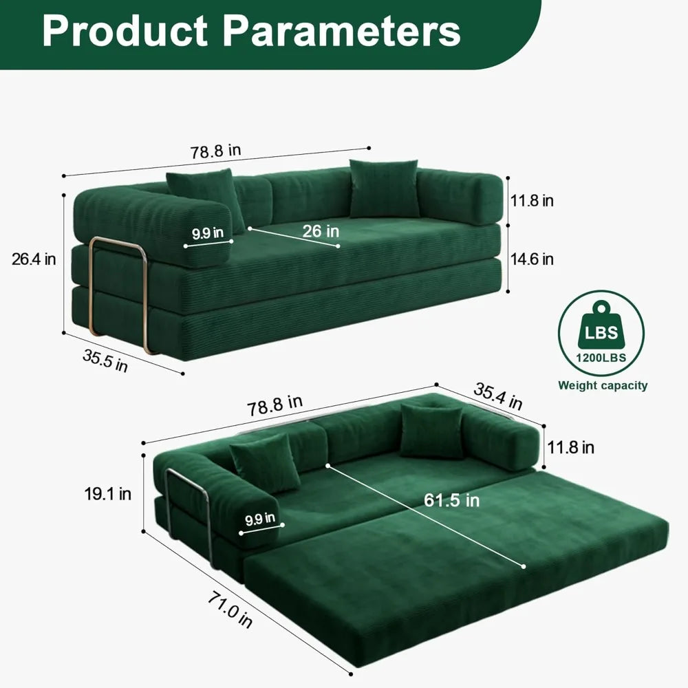 79’’ Convertible Sofa Bed with Pillows Corduroy Folding Sleeper Sofa with Fixed-Shape Frame Boneless Couch for Living