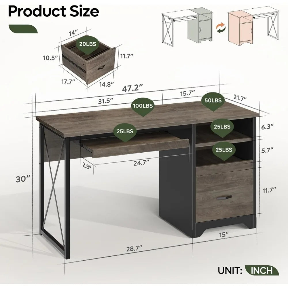 47 Small Desk with Drawers Home Office Computer Desk with Drawer Reversible Industrial Office Desk with Storage &