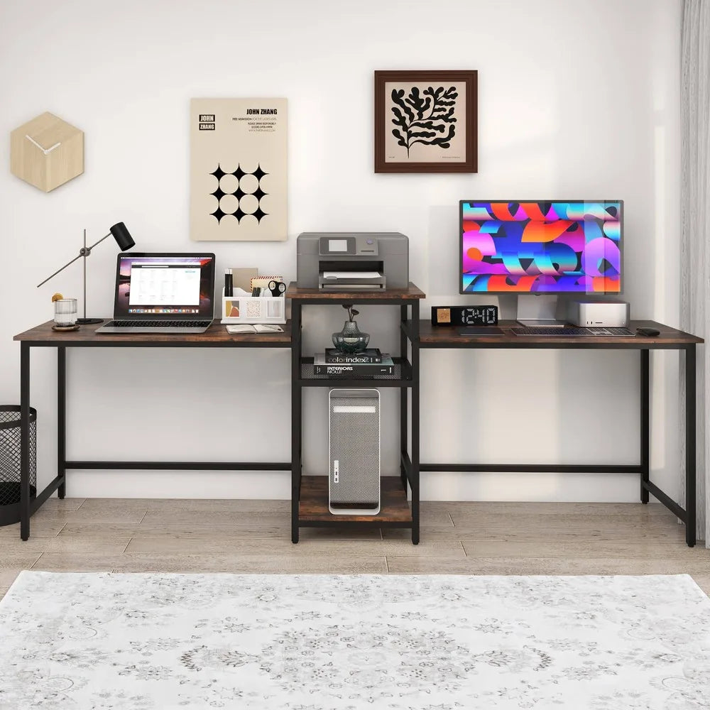 97 Inch Two Person Desk Double Computer Desk with Power Outlets Printer Stand - United States / Brown