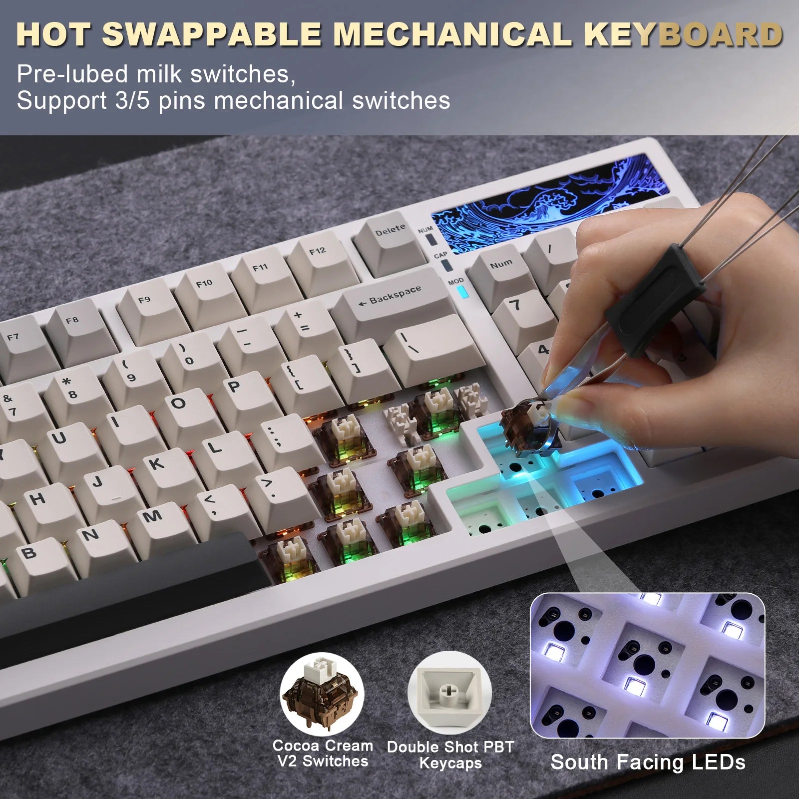 YUNZII YZ98 White Full Size Mechanical Gaming Keyboard Vintage 99 Keys Hot Swap Gasket 98% Layout Wireless RGB Backlit