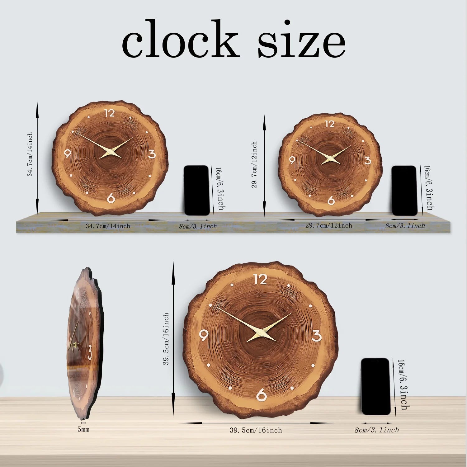 1pc wooden ring veneer wall clock flat wood cross section texture pattern solid wood pointer design wall clock silent