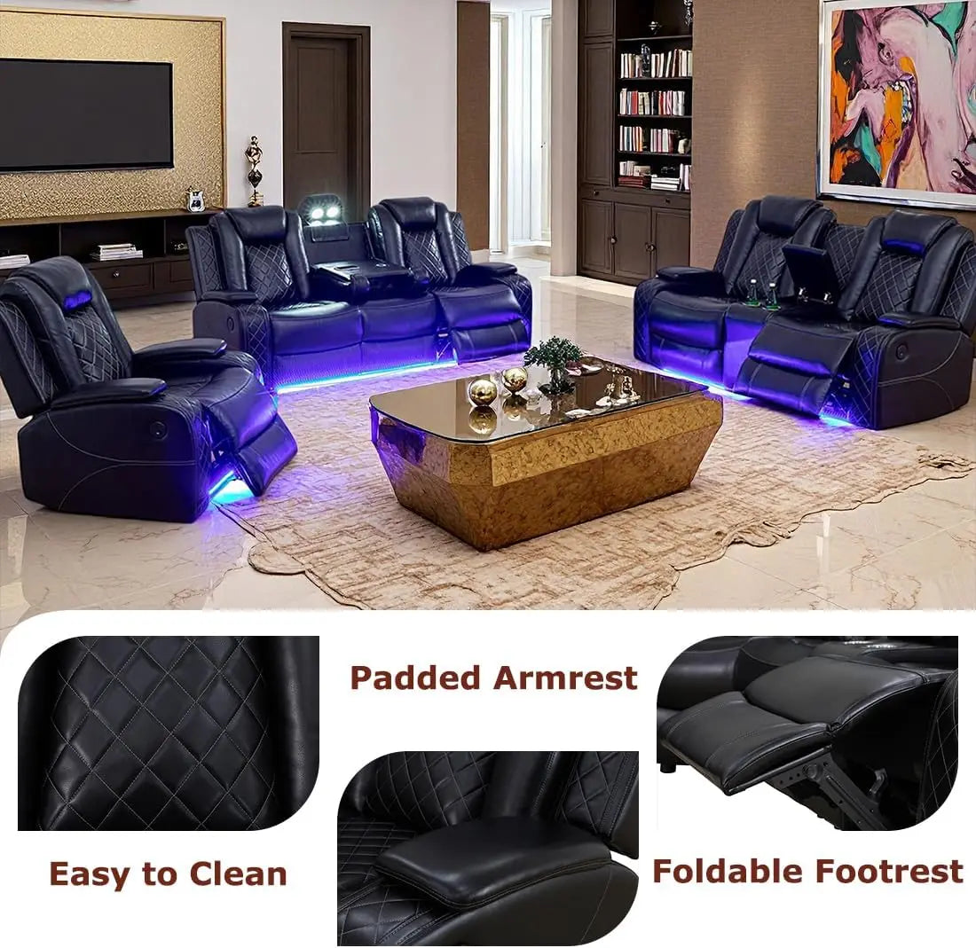 Power Recliner Sofa Set Black Leather 3 Pieces Sectional Couch Living Room Furniture Sets with LED Light Modern Power