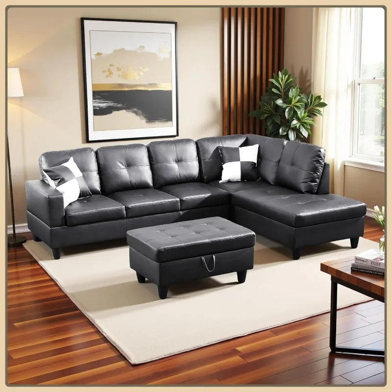 Faux Leather L-Shaped Couch 3-Piece Sectional Sofa with Storage Ottoman - United States