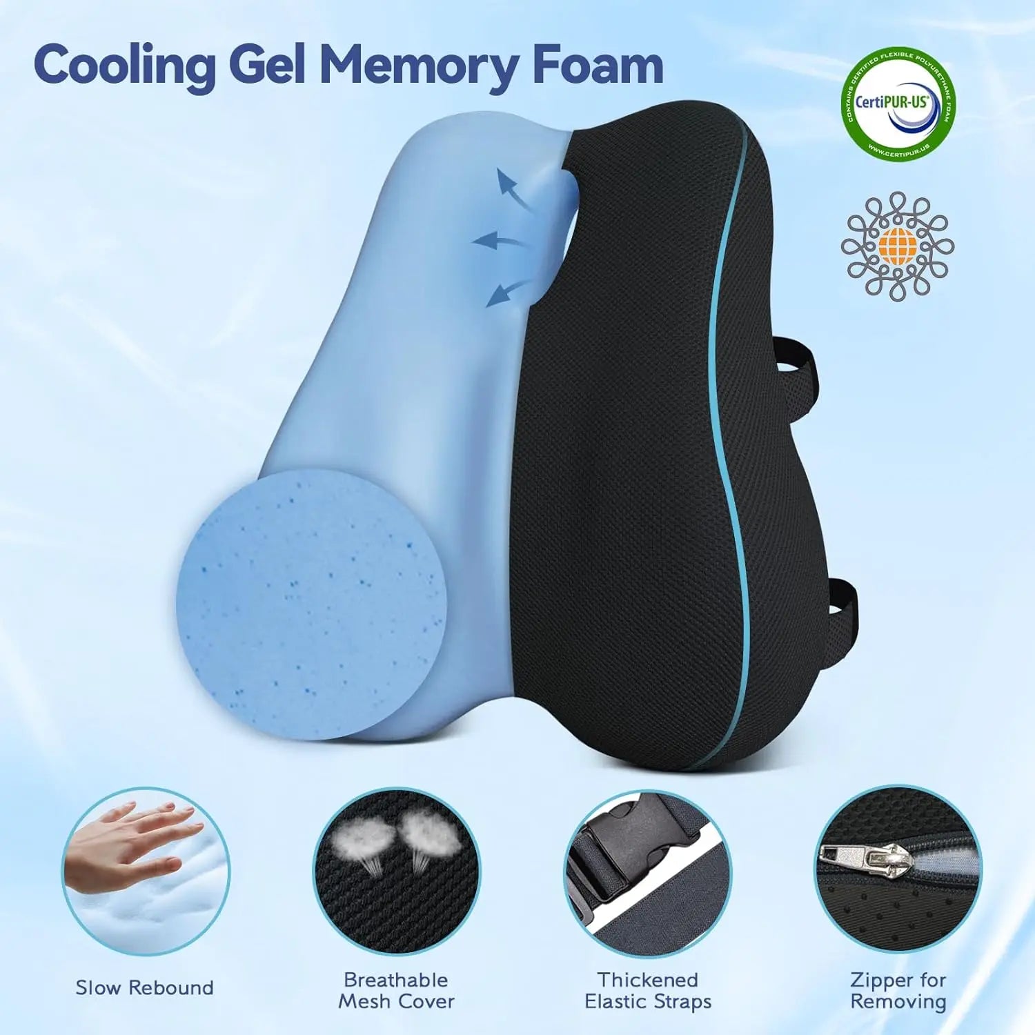 Lumbar Pillow for Office Chair Back Cushion with Removable Cover Cooling Memory Foam Pillow Back Pain Relief