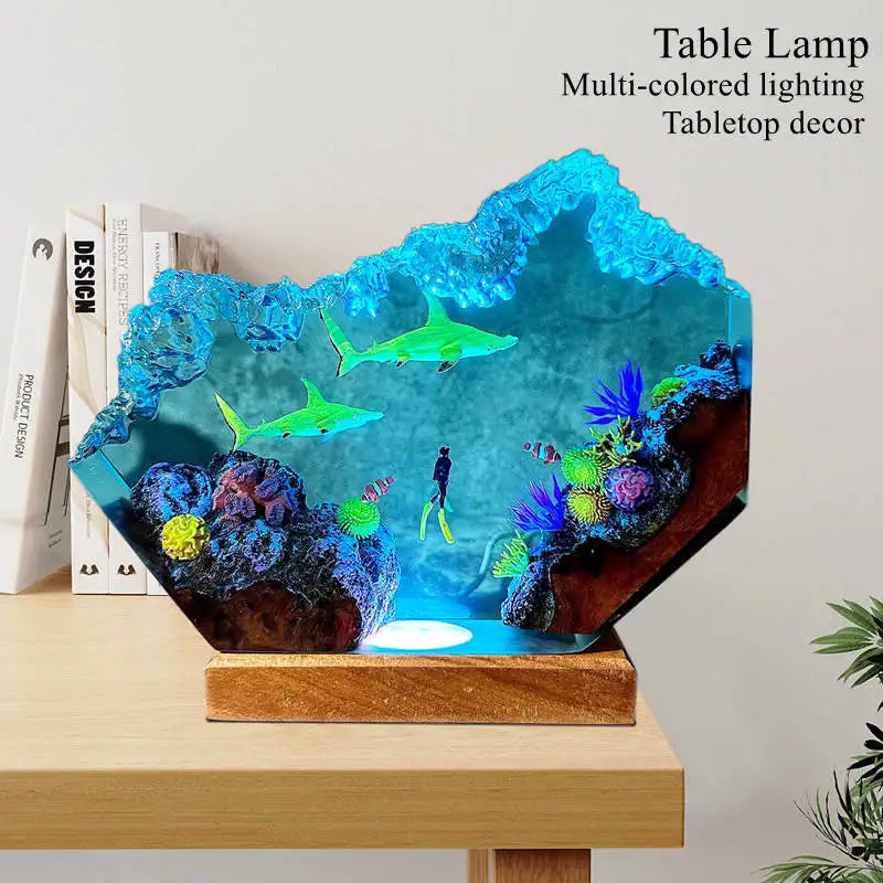 Simulated Shark Epoxy Resin Seabed Organism Diver Figure Miniature Figurines Night Glow Tabletop Home Desk Light