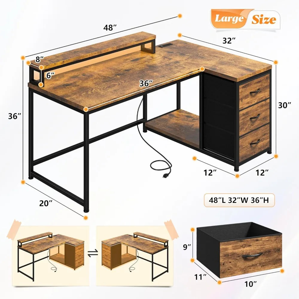 L Shaped Gaming Desk with LED Lights & Power Outlet 48Inch Corner Computer Desk with Drawers Reversible Office Desk