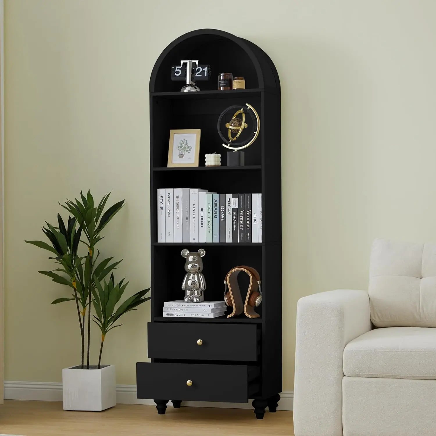 75.59’’ Tall Bookcase 4 Tier Arched Bookshelf with 2 Drawers Modern Book Display Storage Cabinet for Living Room Bedroom