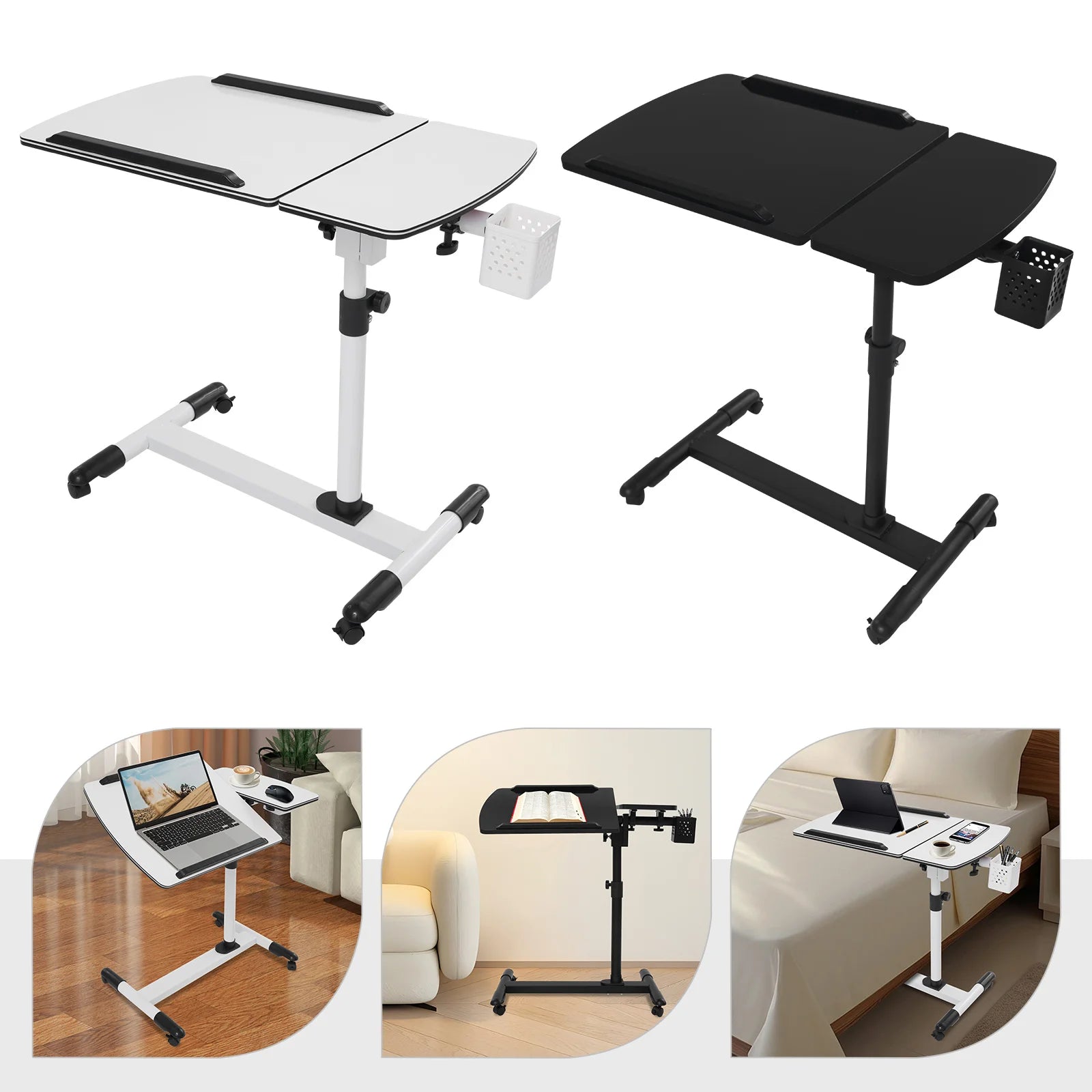 MDF Overbed Table,White/Black Rectangular Height Adjustable Over Bed Bedside Desk Floorstanding 68*40cm for Placing