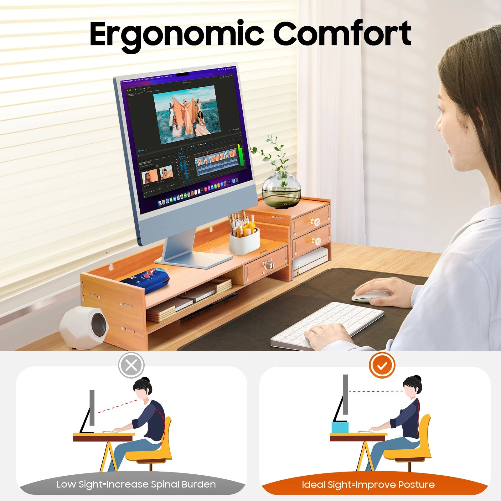 Wood MDF Computer Monitor Stand with Phone Holder 3 Drawers Raised Base Computer RackHeightened Guardrail Monitor Stand