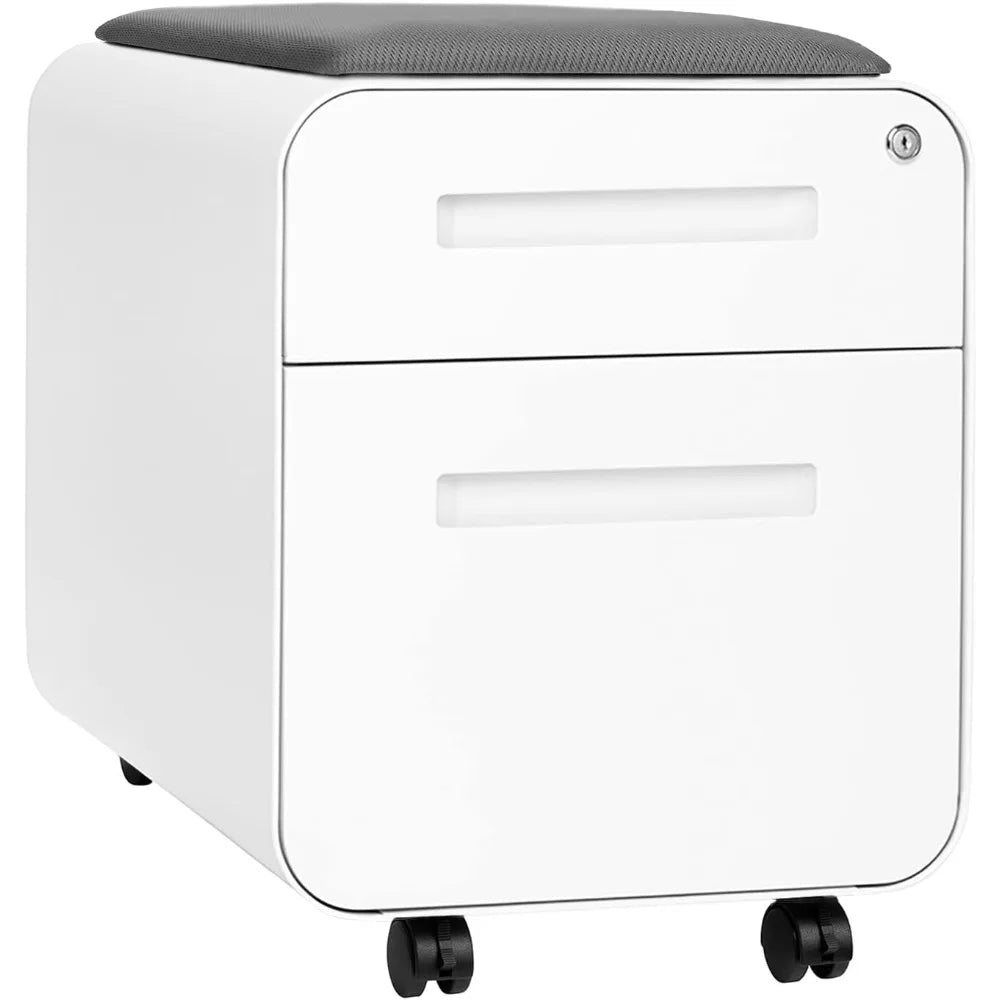 STOCKPILE Mini Seated 2 Drawer Mobile File Cabinet with Removable Magnetic Cushion Seat - Short Version Metal Filing