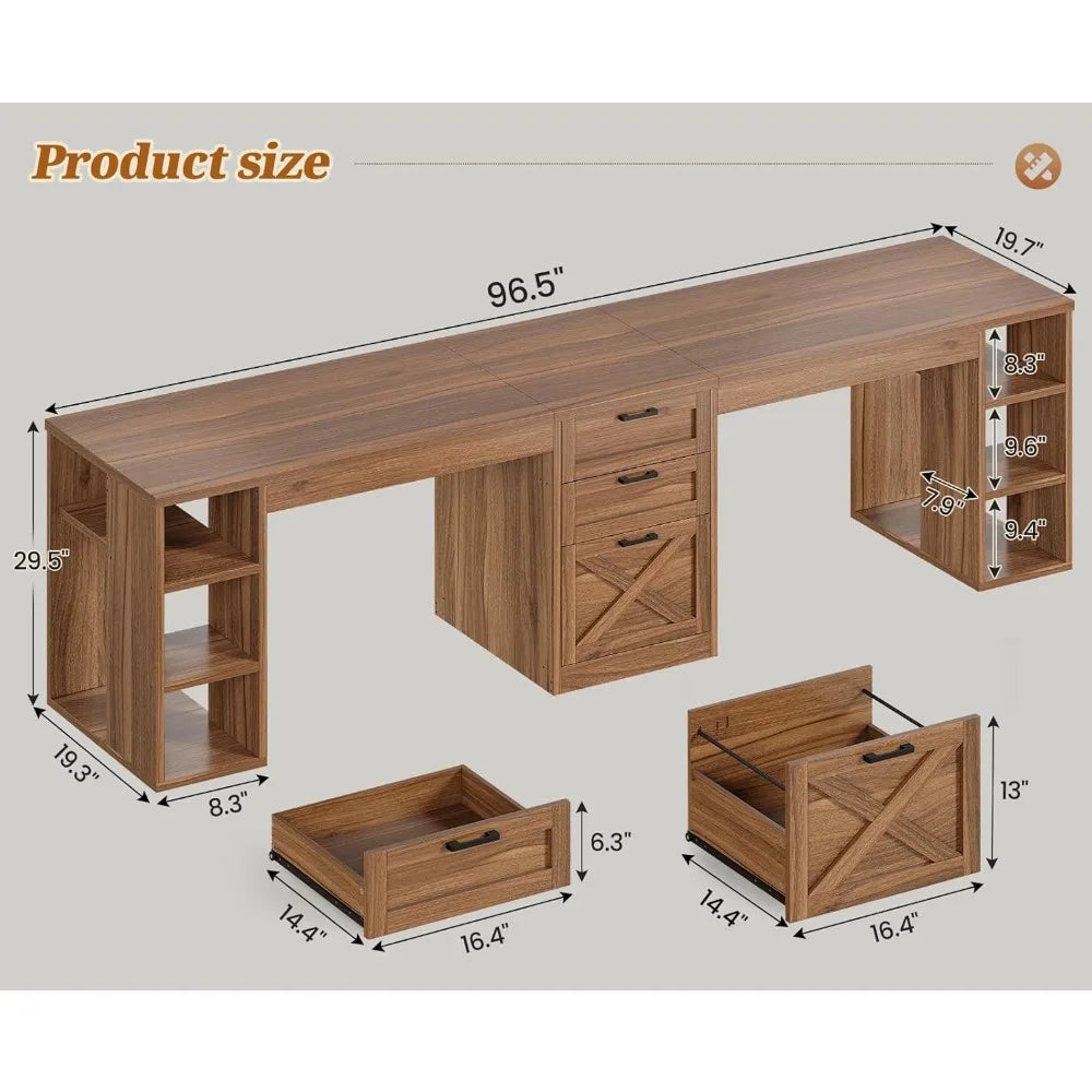 Farmhouse 96.5’’ Computer Desk with Drawers 2 Person Home Office Desk Gaming Double Desk with Storage Shelves Long Two