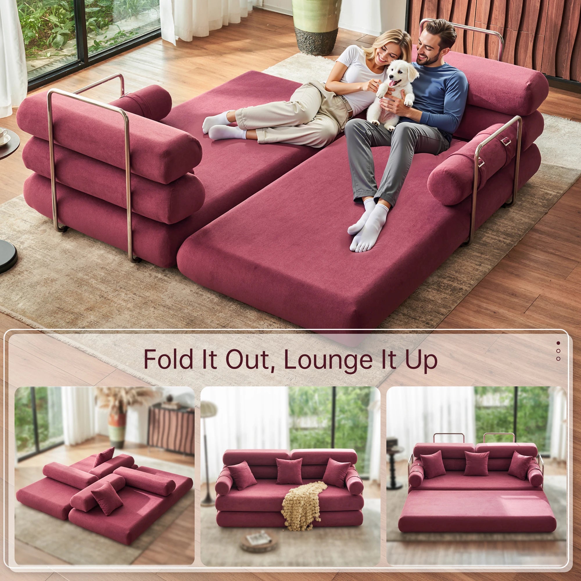 Convertible Sleeper Sofa - 35’’ High-Back Floor Couch Bed - Folding Sofa Bed with Rounded Arm Supports - Floor Sofa
