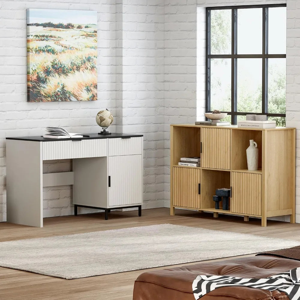 47’’ Fluted Executive Desk Modern Wood Home Office Desk with Charging Station Professional Workstation w/ USB Ports &