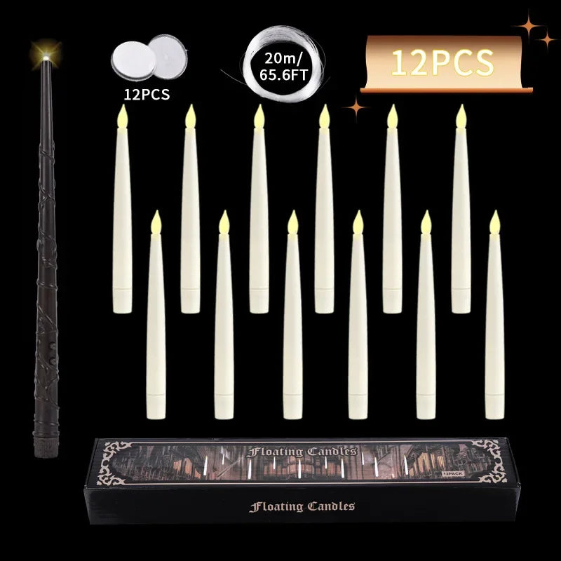 Floating Candles with Wand 12 PCs Magic Hanging Candles Flickering Warm Light Flameless Floating LED Candle Halloween