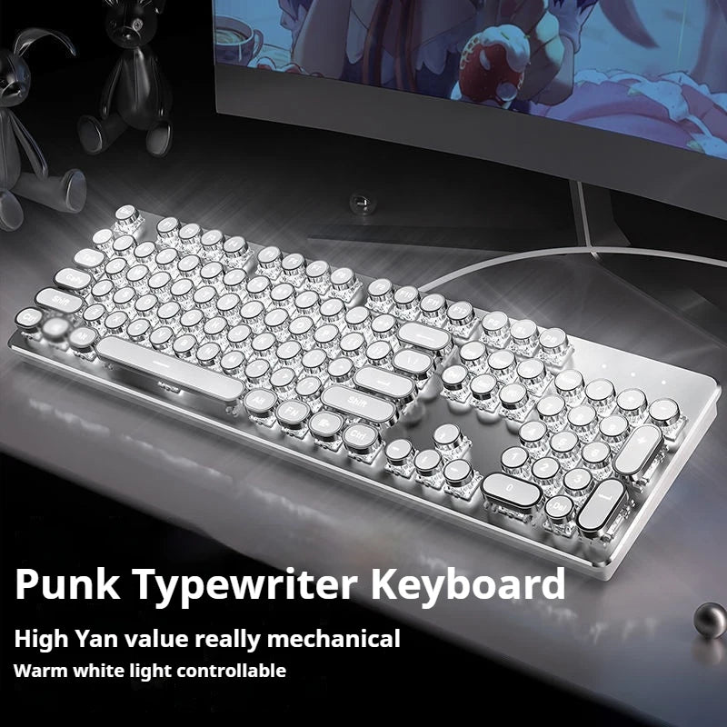 EWEADN TK100 Punk Typewriter Mechanical Gaming Keyboard 104Keys with LED Backlit USB Wired Keyboards for Windows Laptop