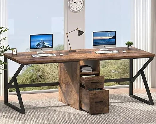 79’’ Two Person Office Desk,Large Double Long Pc Desk with File Drawer 2 Person Computer Desk with Storage Cabinet