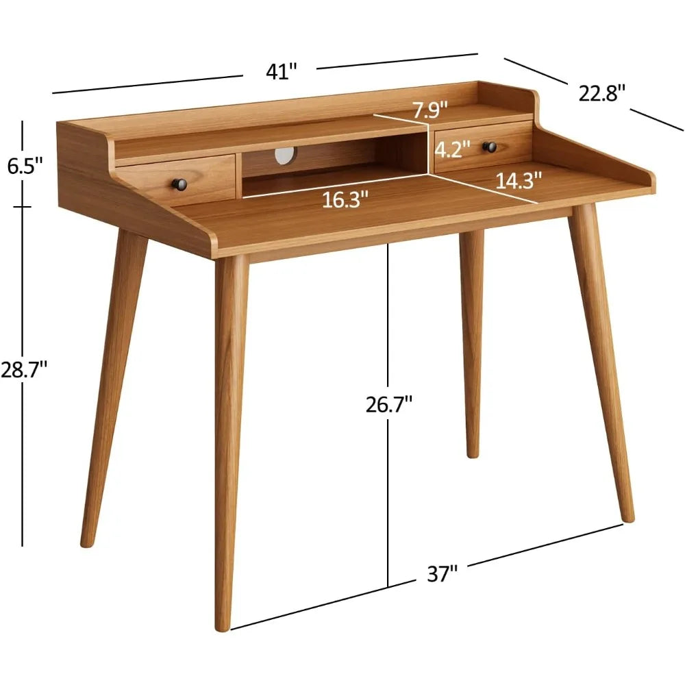 Mid Century Modern Desk 41 Wood Home Office Writing Computer or Laptop Desk with Monitor Stand Riser and Open Storage