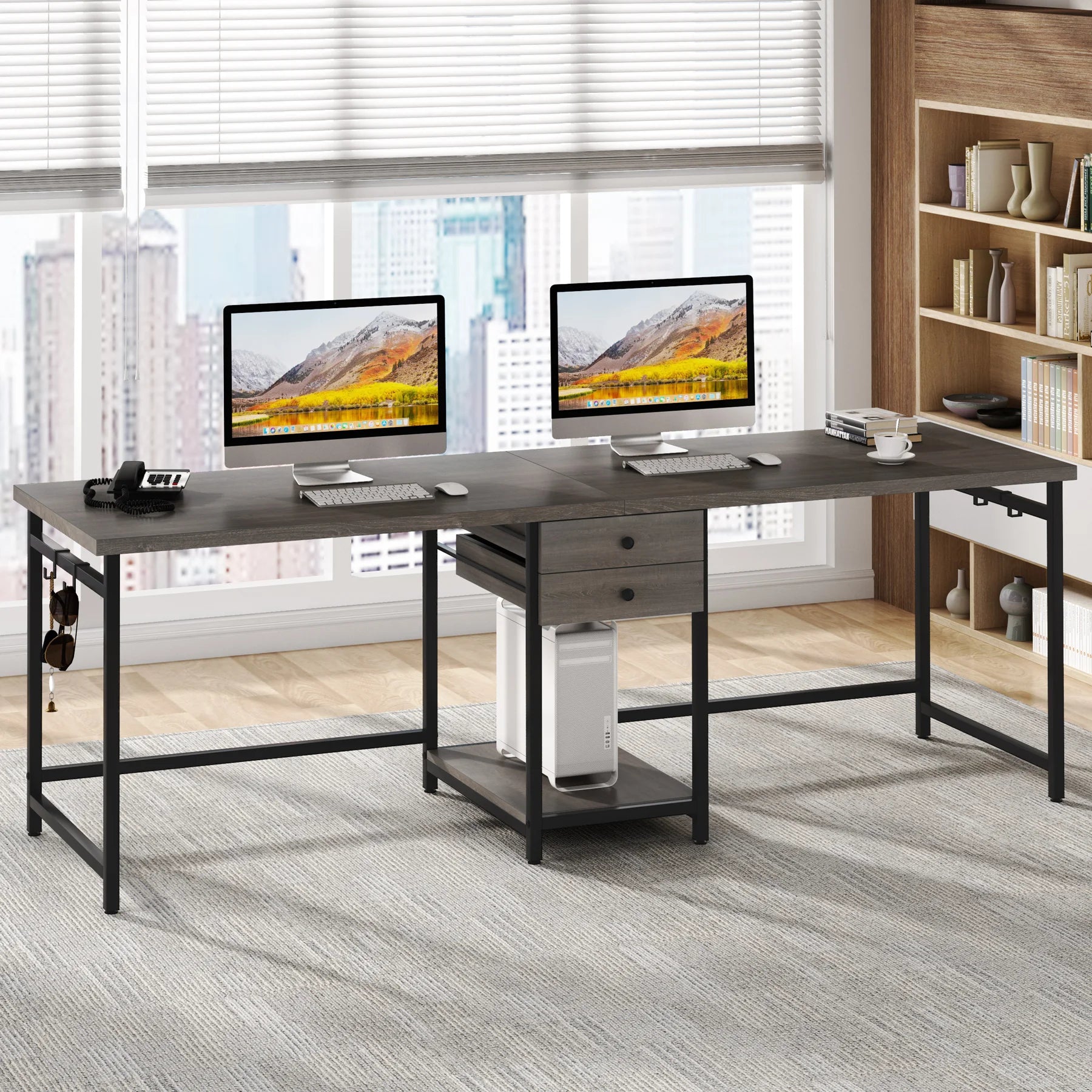 Tribesigns 78.74’’ Two Person Desk with 2 Drawers Long Double Computer Desk Gaming Table with Shelves - Gray / United
