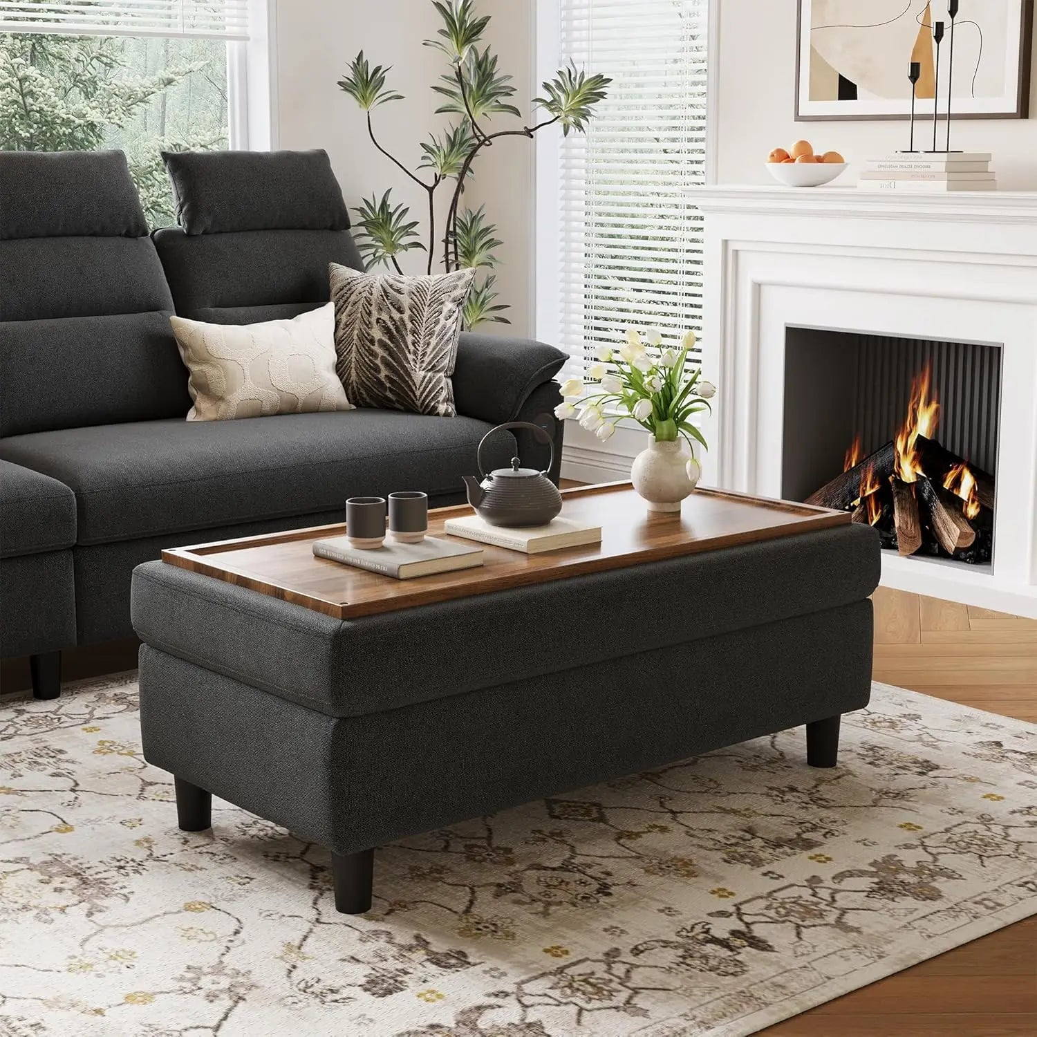 46 Inches Wide Storage Ottoman Bench Linen Coffee Table Folding Long Shoes Bench Footstool Storage Chest Foot Rest