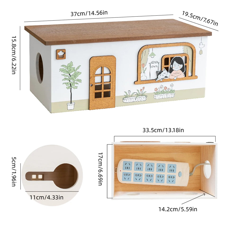 Wooden Desktop Cord Storage Box Desktop Organization Storage Socket Guard Plug Data Cable Charger Storage Home Room