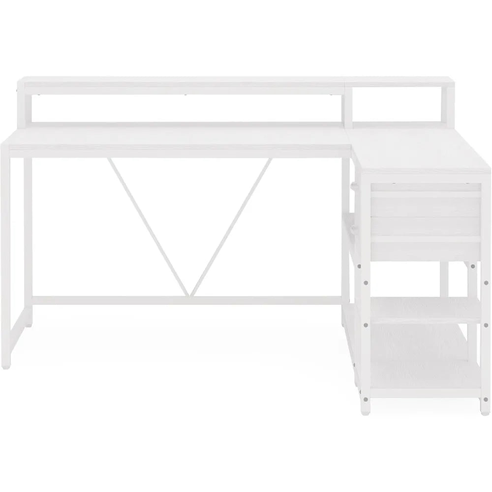 L Shaped Desk with Drawers and Storage Shelves Home Office L Corner Desk with Monitor Stand 55’’ x 24’’ Desktop