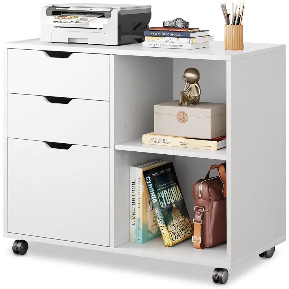 3-Drawer Wood File Cabinet Mobile Lateral Filing Cabinet Printer Stand with Open Storage Shelves for Home Office White