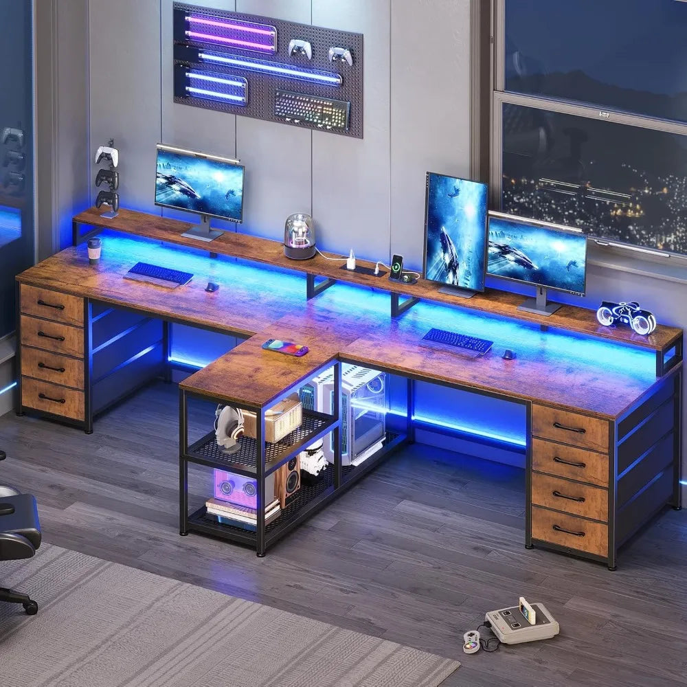 94.5’’ 2 Person Gaming Desk Long Office Computer Desk with 8 Drawers & LED Lights Two Person Desk with Storage Power St