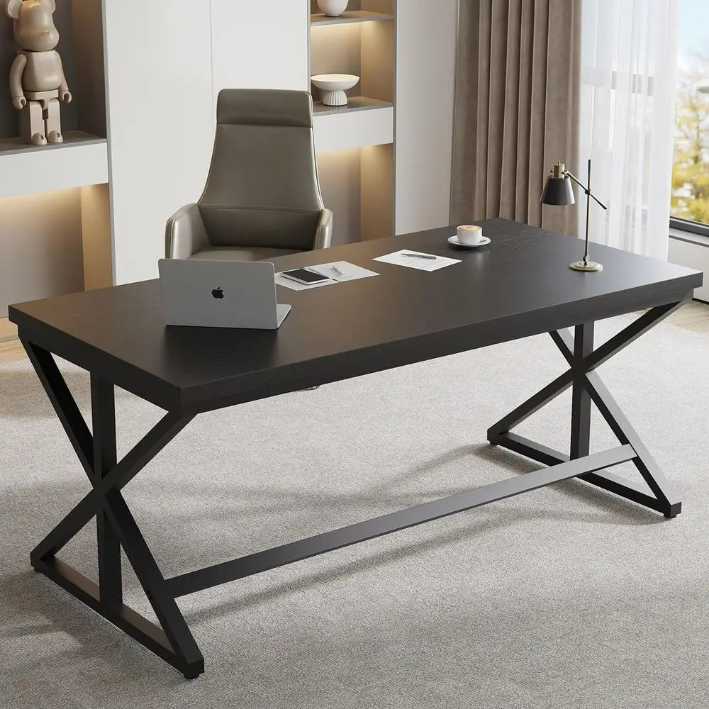 Contemporary Black Office Desk Spacious Writing and Study Desk Large Minimalist Wood and Metal Desk for Bedroom