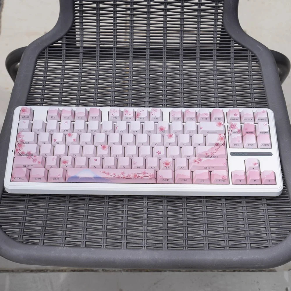 Pink Cherry Blossom Keycap with Side Engraved Translucent PBT 127 Keys Compatible with MX Mechanical Keyboard 61 75 86