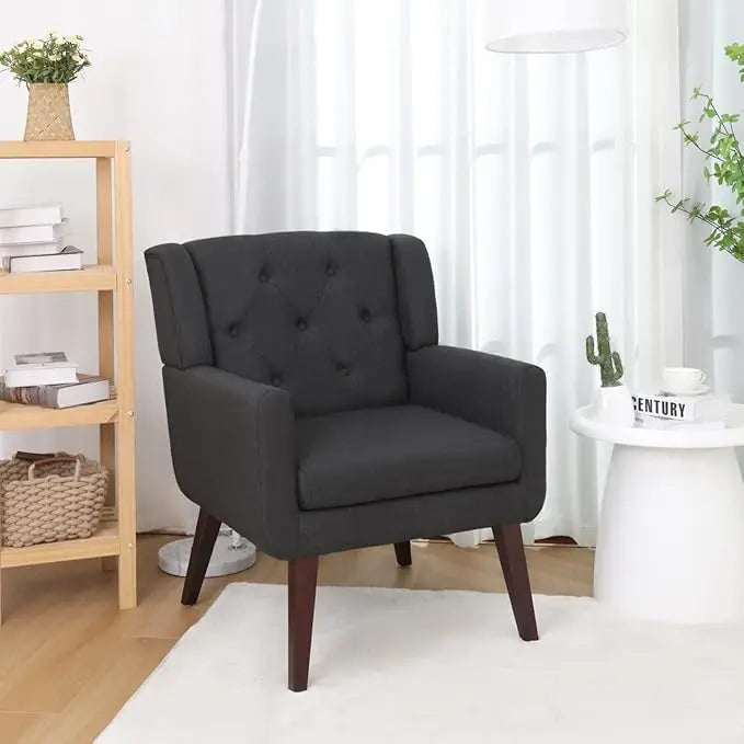Accent Chair Button-Tufted Upholstered Living Room Chairs Comfy Reading Mid Century Modern with Linen Fabric Loung