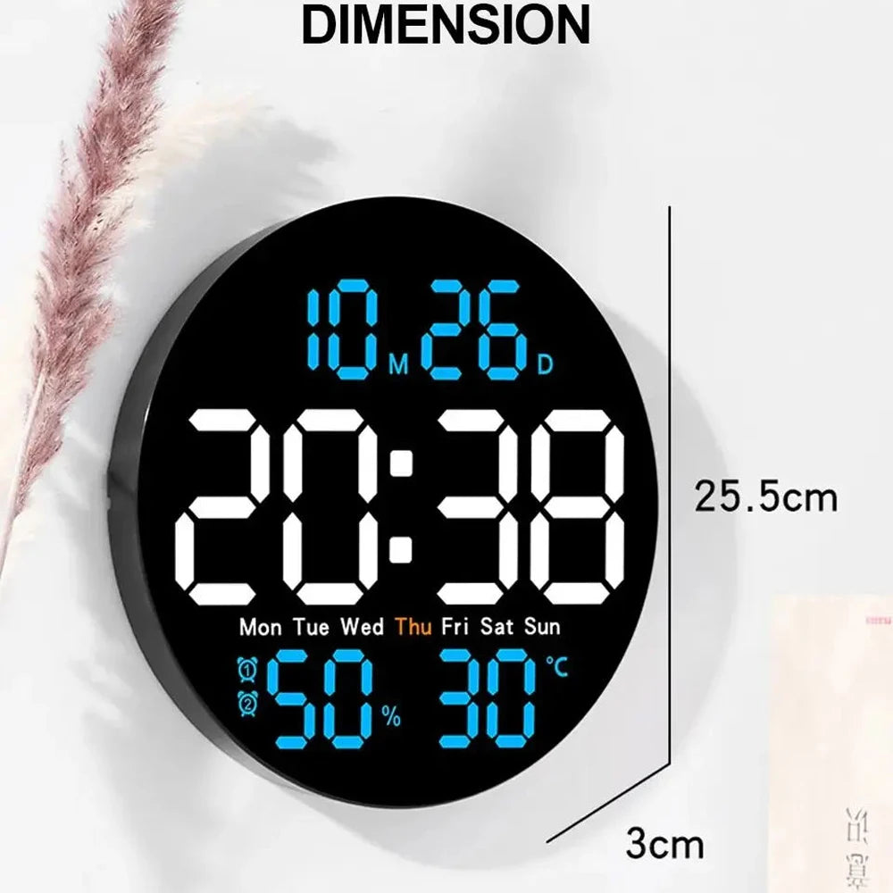 Remote Control LED Wall Clock with Dual Alarms,Calendar and Temperature Display for Home Decoration.Brightness