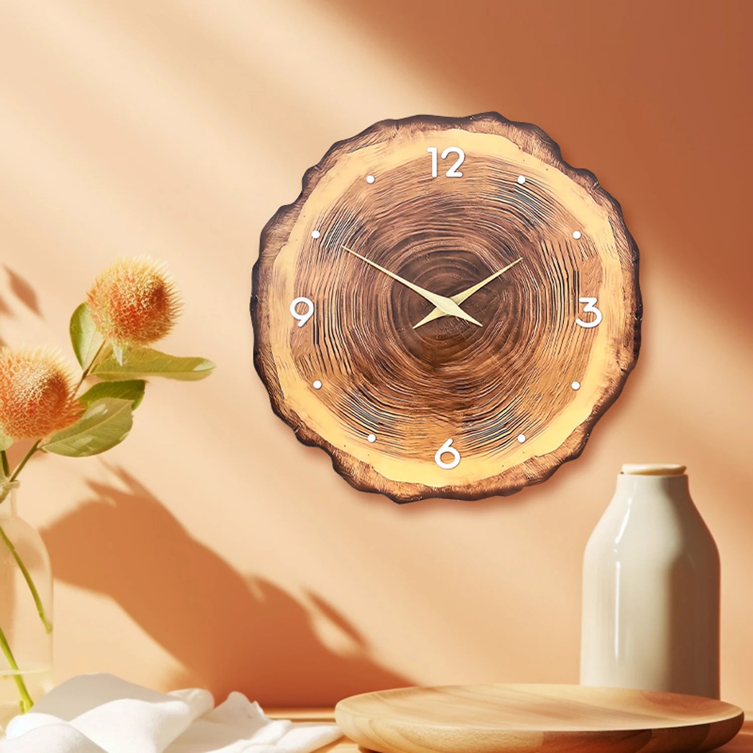 1pc wooden ring veneer wall clock flat wood cross section texture pattern solid wood pointer design wall clock silent