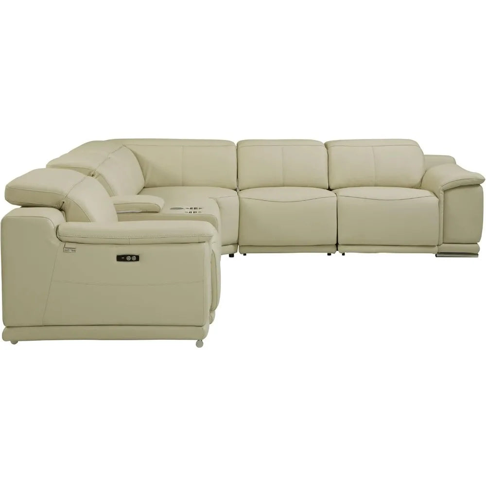 6 Piece Top Grain Italian Leather Sectional Sofa with 3-Power Recliners Adjustable Headrest Lumbar - Beige / United