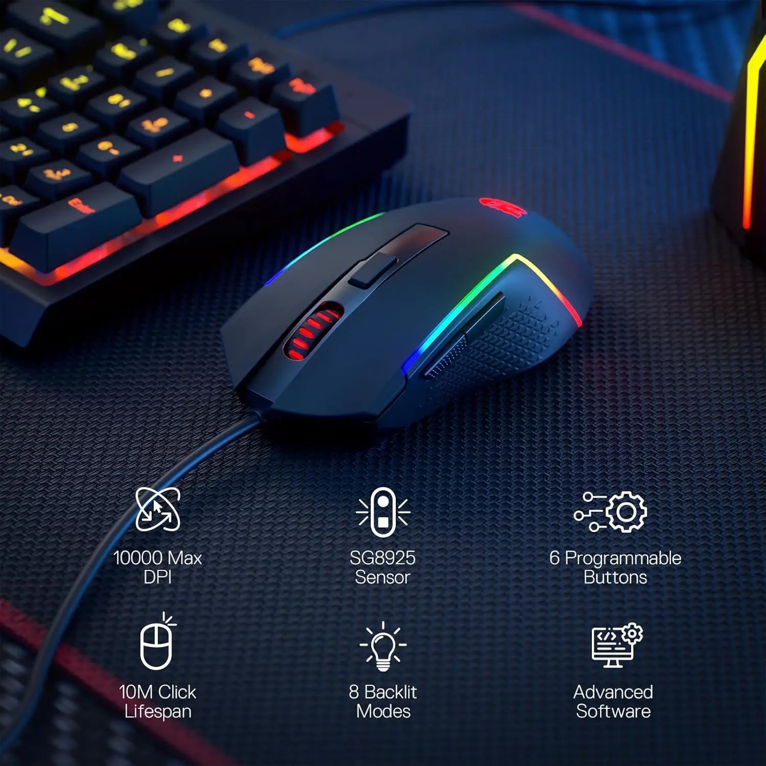Redragon M616 RGB Gaming 10000 DPI Wired Optical 6 Programmable Buttons 8 Backlit Modes Software Supports DIY Keybinds