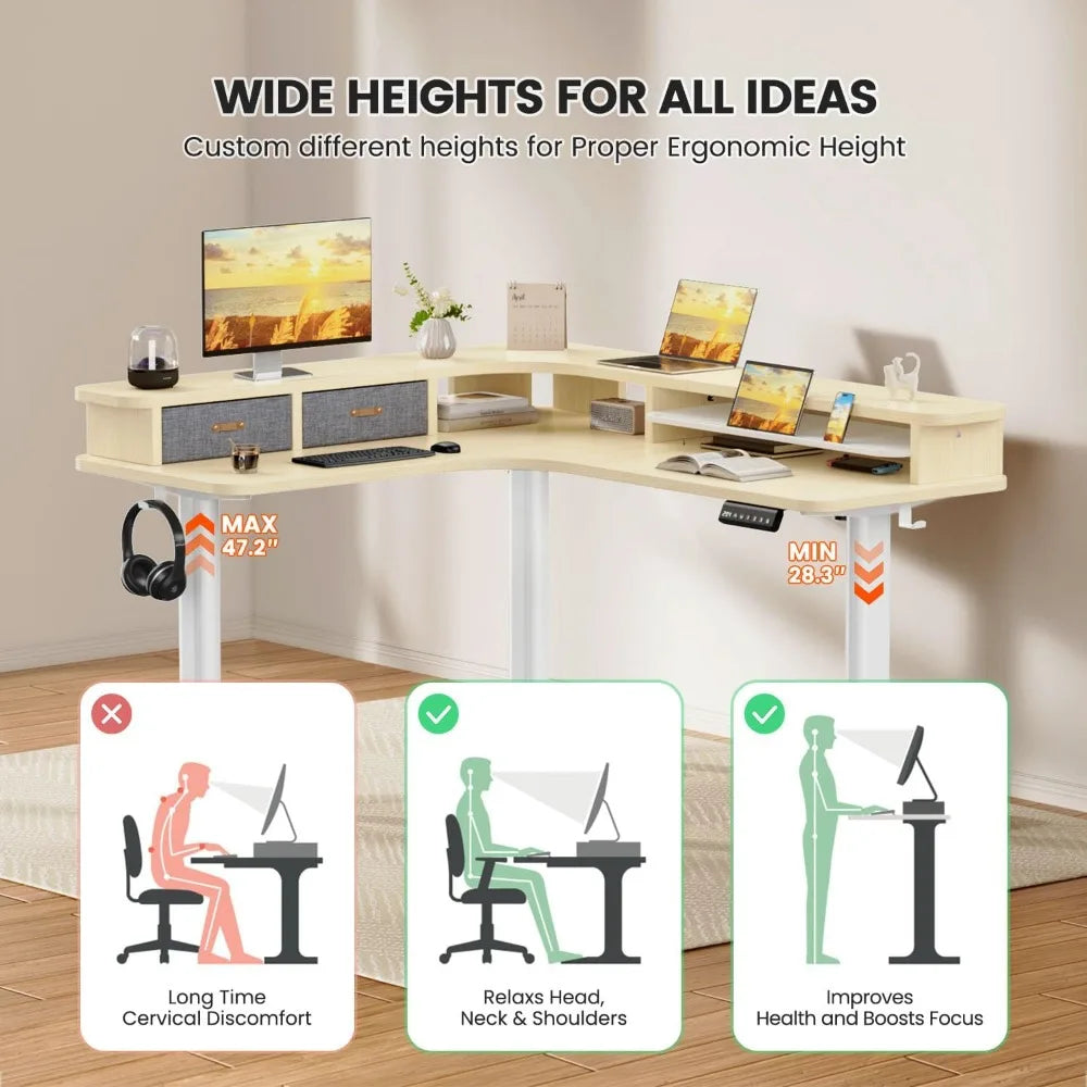 Electric L Shaped Standing Desk with Drawers 63’’ x 55’’ Corner Standing Desk Adjustable Height Stand Up Home Office