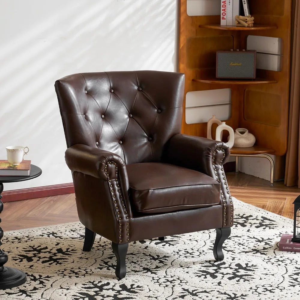 PU Leather Accent Chair Mid-Century Modern Armchair Living Room Club Chair with Tufted Button & Rivet Trim Upholstered
