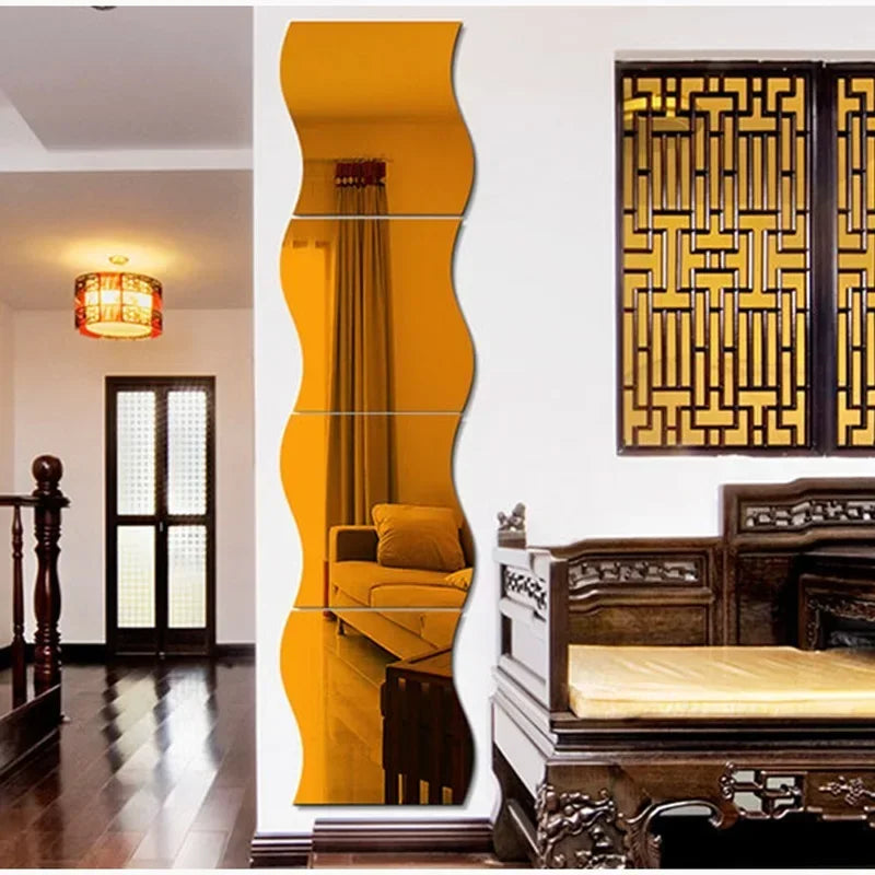 Modern Artistic Wall Panels Set - 3D Mirror Mosaic Stickers for Home/Office Interior Design (Wave Pattern)
