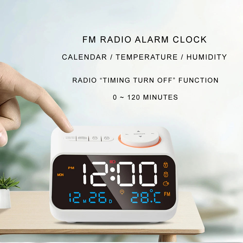 Mordern FM Radio LED Alarm Clock for Bedside Wake Up. Digital Table Calendar with Temperature Thermometer Humidity