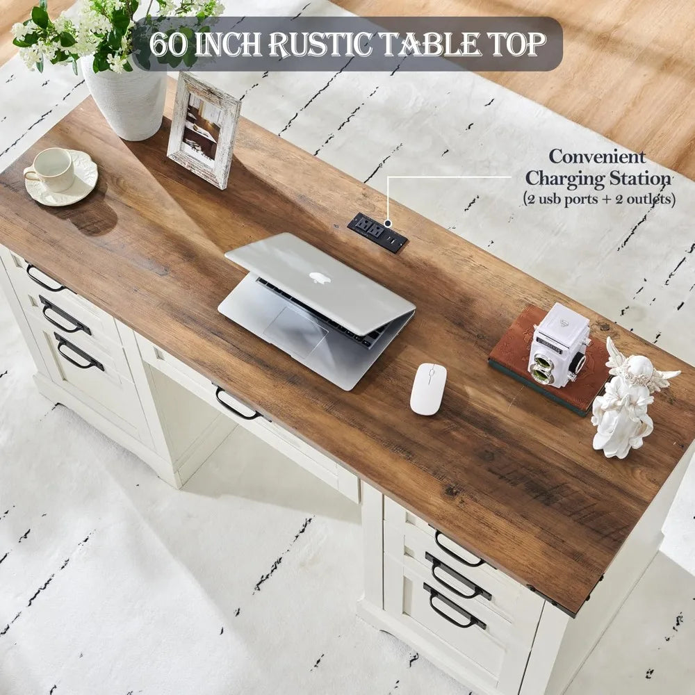 RedLemon 60 Farmhouse Executive Desk with Drawers Wood Home Office Desk w/Charging Station Keyboard Tray File Drawer